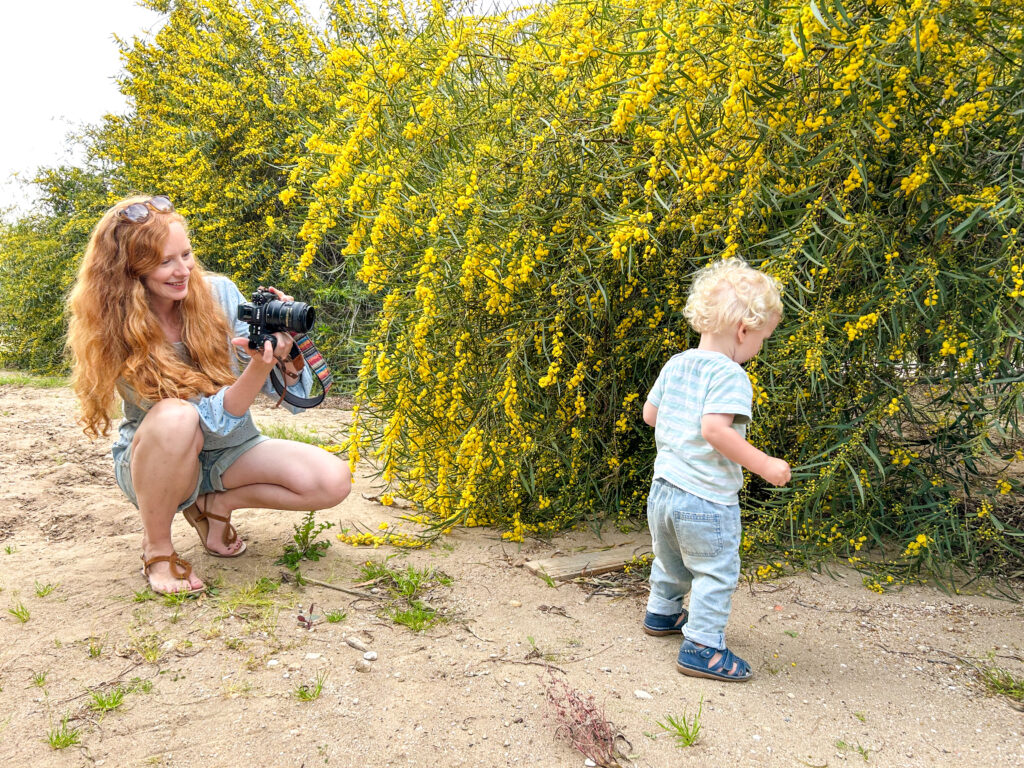 Familienfotografin bei der Arbeit. Sie fotografiert ein Kleinkind vor einem blühenden Strauch.
